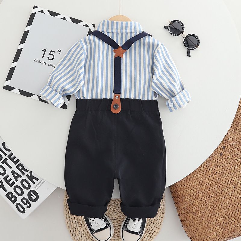 Bellissimo set primaverile per bambini, vestito da spettacolo con camicia a righe verticali e spalline, per bambini di età compresa tra 1 e 2 anni_voghion.com