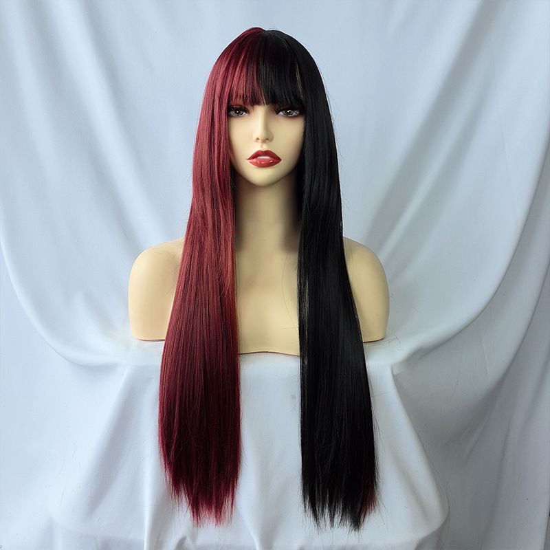 Perücke weibliche lange glatte Haare Luft Pony zweifarbig Yin und Yang Kopf Halloween Cos Chemiefaser Perücke Set_voghion.com