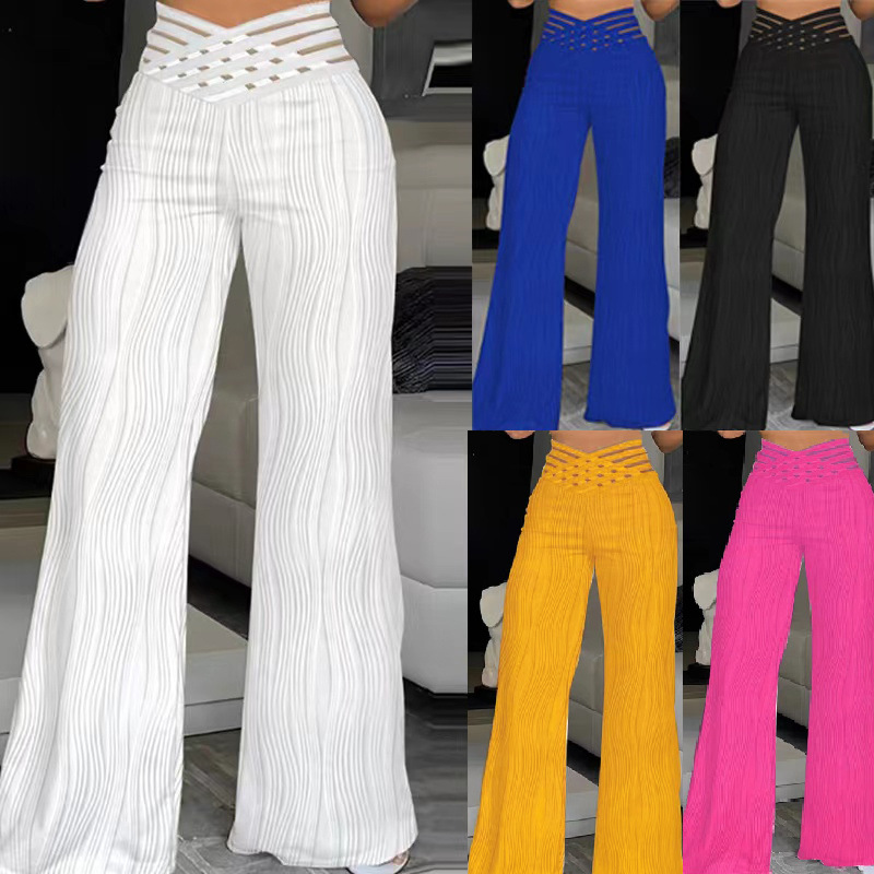 Dame Kleeder Moud Héich Taille Casual Hosen Drapey Pleated Huel Waasser Ripple Breet Been Hosen Damen Hosen_voghion.com