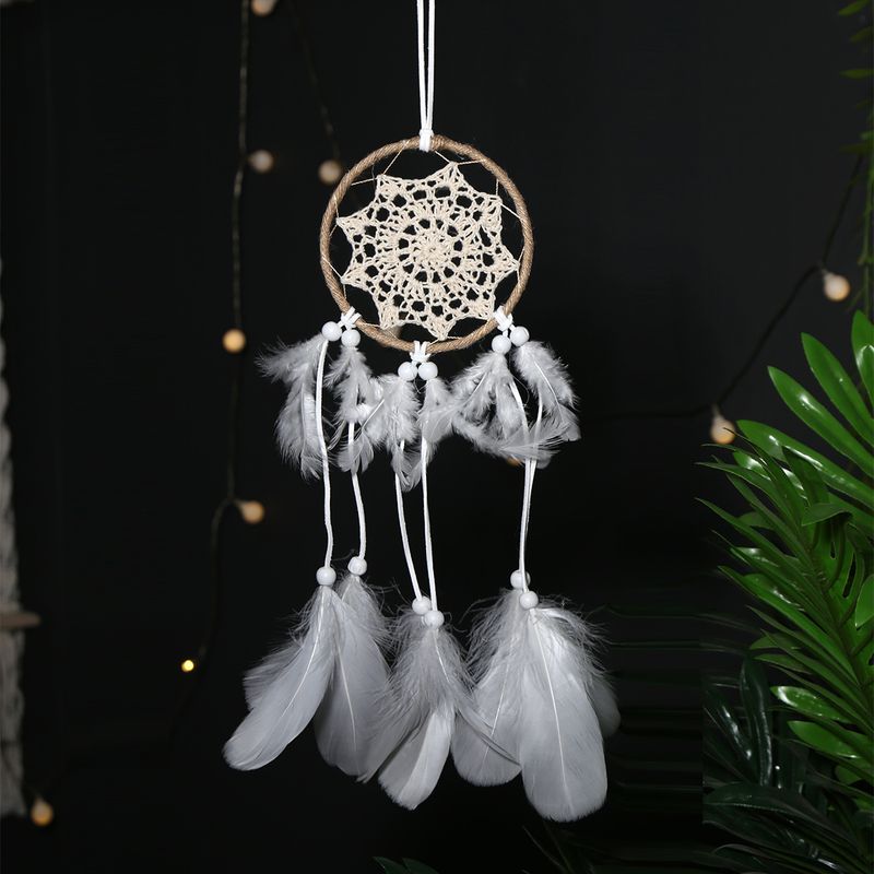 Bohemian Style Wind Chime Single Ring Pendant Home Decoration White Feather Dream Catcher_voghion.com