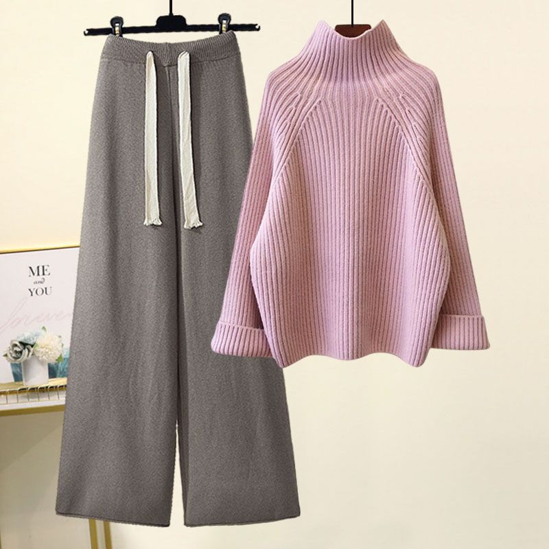 Women's Autumn Knit Sweater & Wide Leg Pants Set - Cozy Oversized Pullover With Flowy Trousers, Casual Loungewear Outfit For Fall_voghion.com