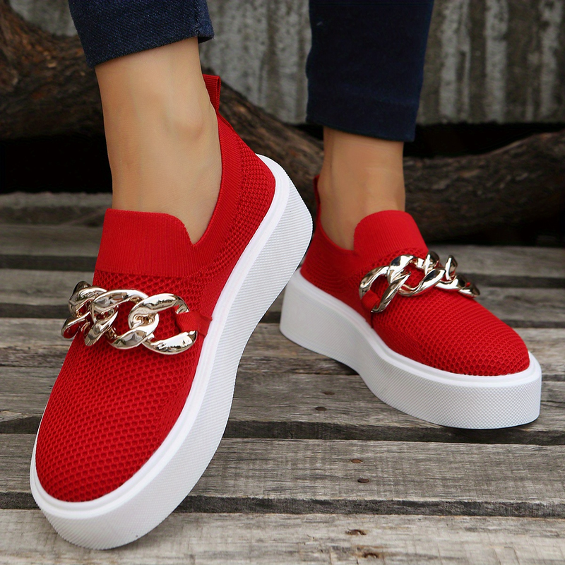 Women's Chain Decor Breathable Mesh Air Round Toe Flat Shoes, Girl's Slip On Loafers Women's Shoes_voghion.com