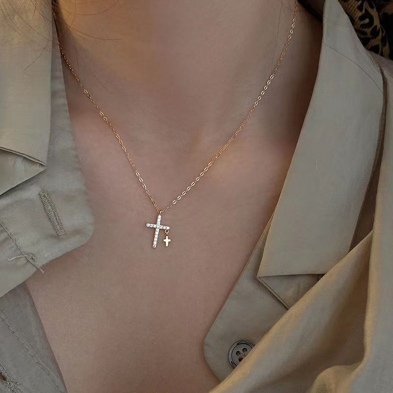 Collana classica in argento Sterling con croce lucida e piccolo ciondolo con ciondolo a catena per clavicola da donna, gioielli raffinati_voghion.com