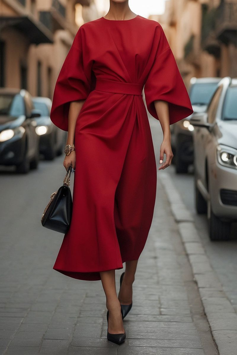 Damenbekleidung Mode Temperament Elegantes einfarbiges Taillenkleid Lässiges langes Kleid mit Fledermausärmeln_voghion.com