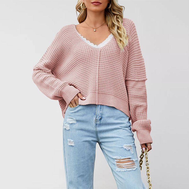 2025 Autumn Winter 2025 Cross-Border European And American New 2025 V-Neck Solid Color Off-Shoulder Loose Hot Sale_voghion.com