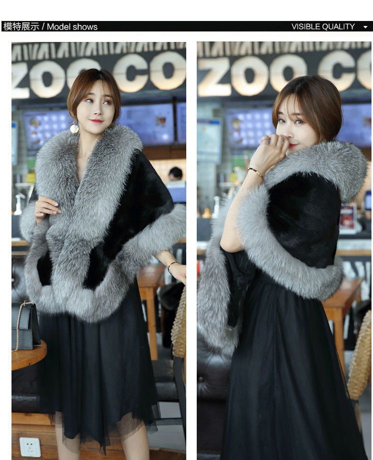 Donna Autunno Inverno Nuovo Tinta Unita Collo di Volpe di Visone Abito Pelliccia Scialle da Sposa Spessa Calda Mantella da Donna Cappotto Casual_voghion.com