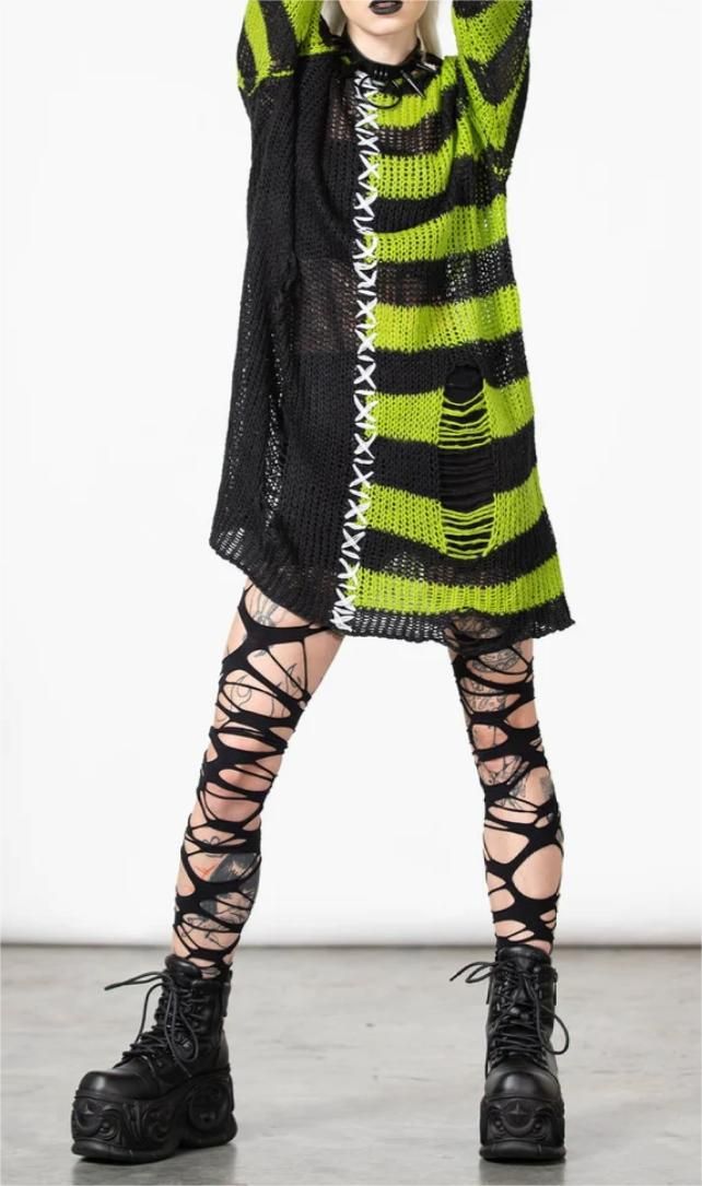 Halloween Punk Hole Long For Women's Fashion Loose Striped Contrasting Pullover Sweater_voghion.com