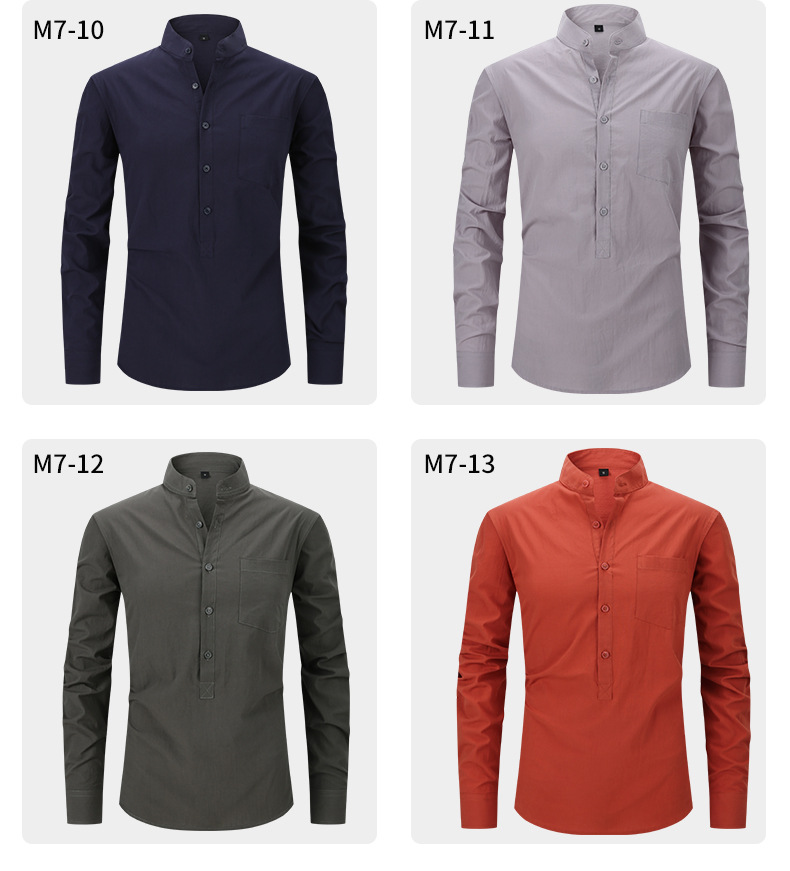 Abbigliamento Uomo Camicia Camicia Henry in cotone da uomo Camicia in lino con collo alto Camicia a maniche lunghe da uomo_voghion.com