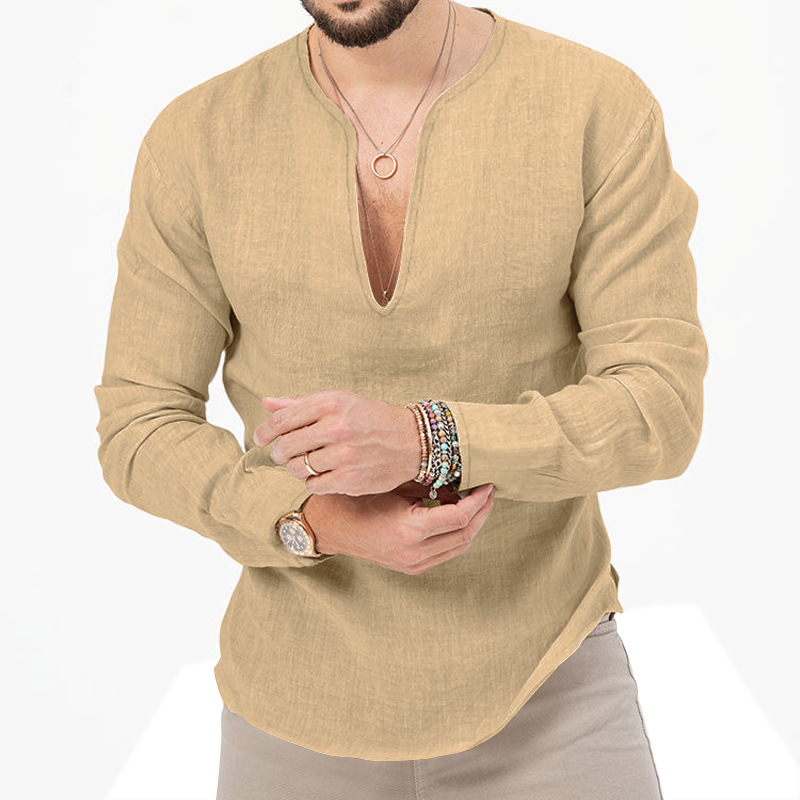Erkek Giyim erkek ilkbahar ve yaz büyük boy rahat tropikal pamuk ve keten derin v yaka düz renk büyük boy uzun kollu tişört gömlek_voghion.com