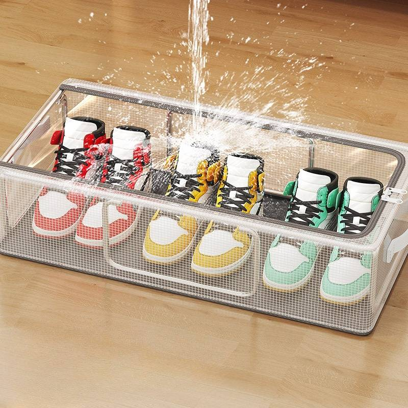 Rodinný organizér pod postel, skládací úložný box na boty, průhledný prachotěsný design, šetří místo, vejde se 6-8 párů_voghion.com