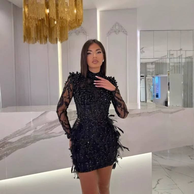 Elegant Long Sleeve High Neck Sequin Feather Cocktail Dress With Waist Cinching & Bodycon Fit For Evening Parties & Special Occasions_voghion.com
