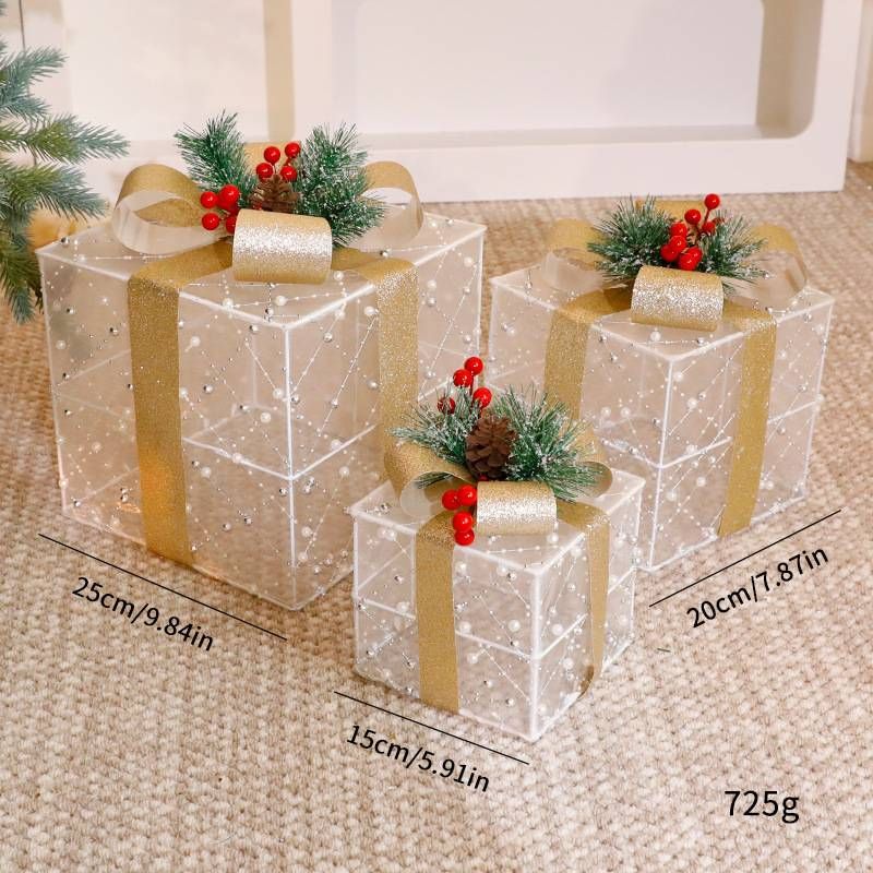 Christmas Decoration Gift Box Trio Set – Stackable Festive Gift Boxes In 10 Elegant Styles (Red/Green/Gold Grid, Glam Gold, Flocked Snow)_voghion.com