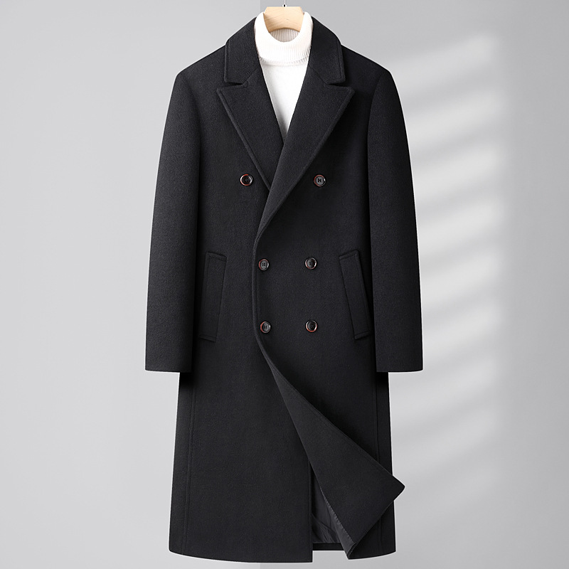 Otoño Invierno nuevo abrigo de lana para hombres rompevientos botón de doble botonadura sección larga sobre la rodilla abrigo para hombres_voghion.com