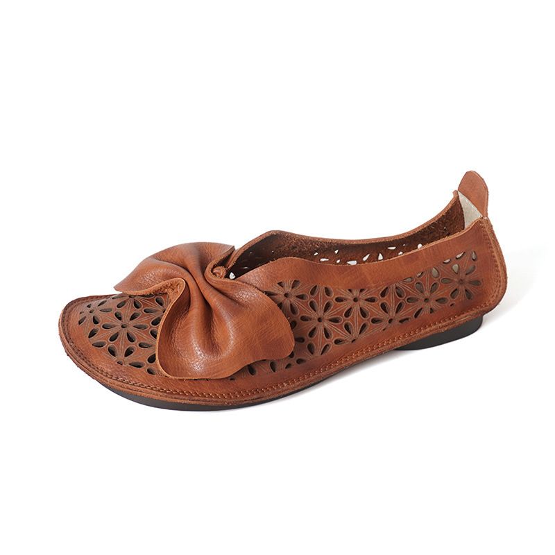 Huizu Mei New Genuine Leather Single With Bowknot Hollow Design Soft Sole Low Heel Flat Slip-On Mom Shoes_voghion.com