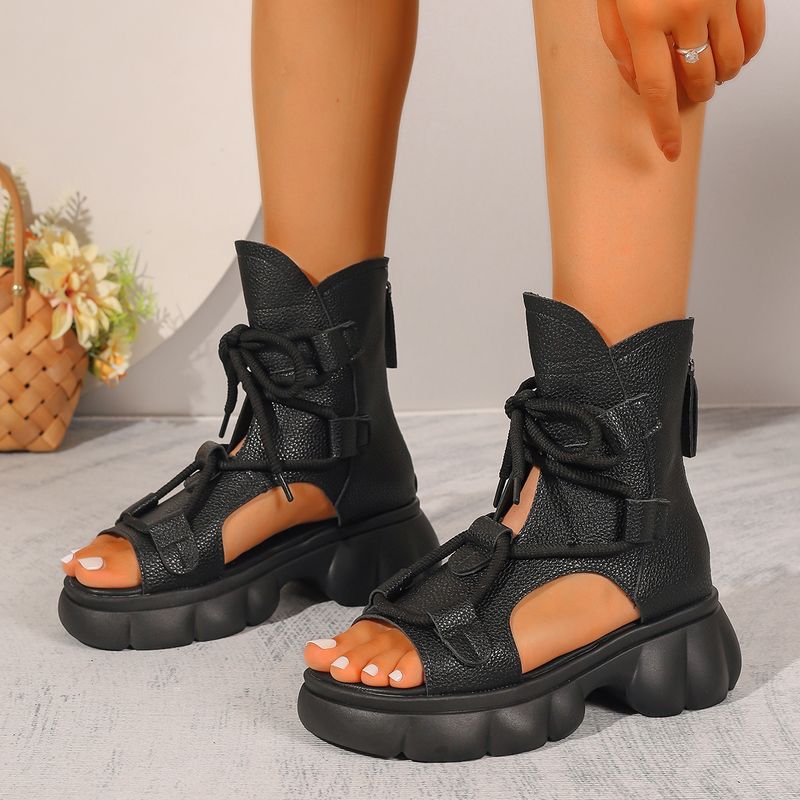 Neue Vintage-Stiefel aus hohlem Leder, Sandalen, modische Schnürung vorne, dicke Sohle, einfarbig, offene Zehenpartie, coole Stiefel_voghion.com