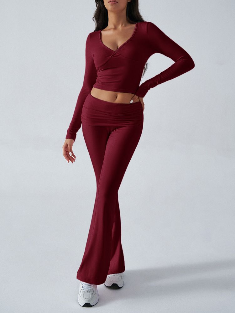 KaiKuo 2024 Automne Hiver Femmes Y2K Décontracté Sport Style Couleur Unie Haut Pantalon Évasé Ensemble 2 Pièces_voghion.com