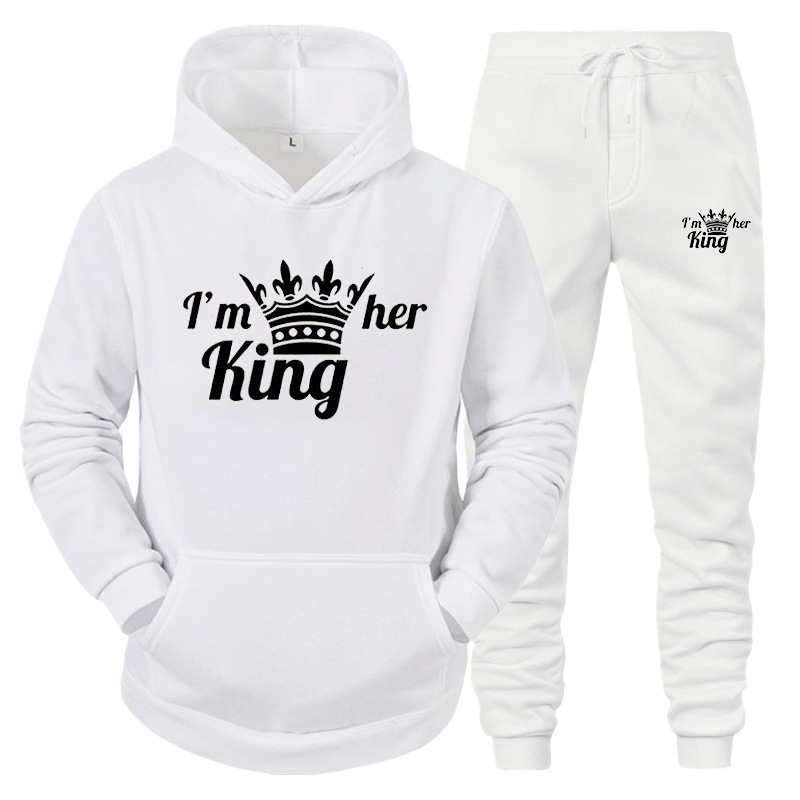 Set da donna con cappuccio KING QUEEN per coppie maschili e femminili, tuta sportiva casual, set di due pezzi_voghion.com