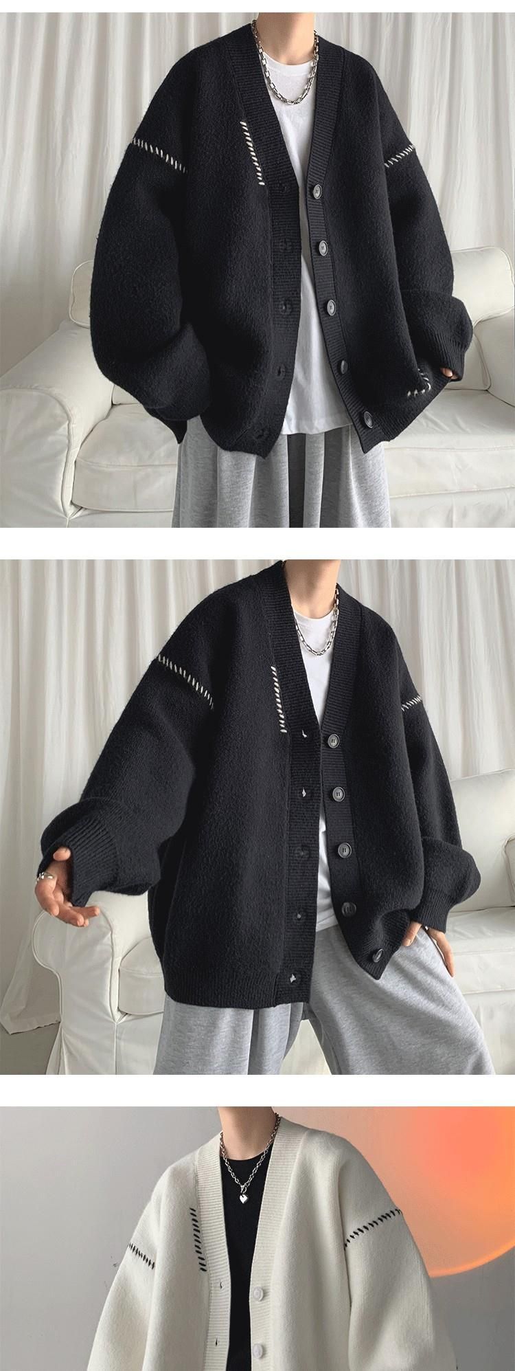 Herrkläder Tröja kappa för män lös retro slouchy line kappa höst och vinter förtjockad Instagram par kofta V-ringad stickning_voghion.com