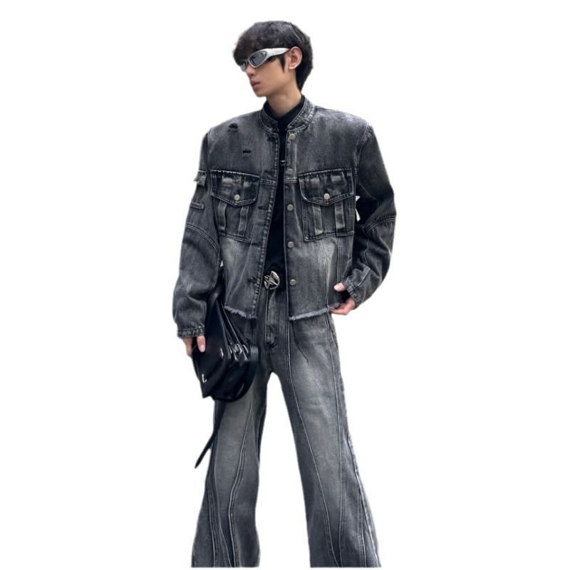 Senso del design di nicchia americano, abito in denim con filato decostruito plissettato, completo da uomo in due pezzi_voghion.com