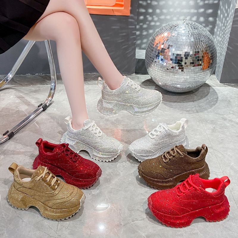 Modische Damen-Sneaker mit Strasssteinen – klobige Plateauschuhe für mehr Körpergröße, atmungsaktives Obermaterial aus PU, lässige und trendige Low-Top-Schnürschuhe_voghion.com