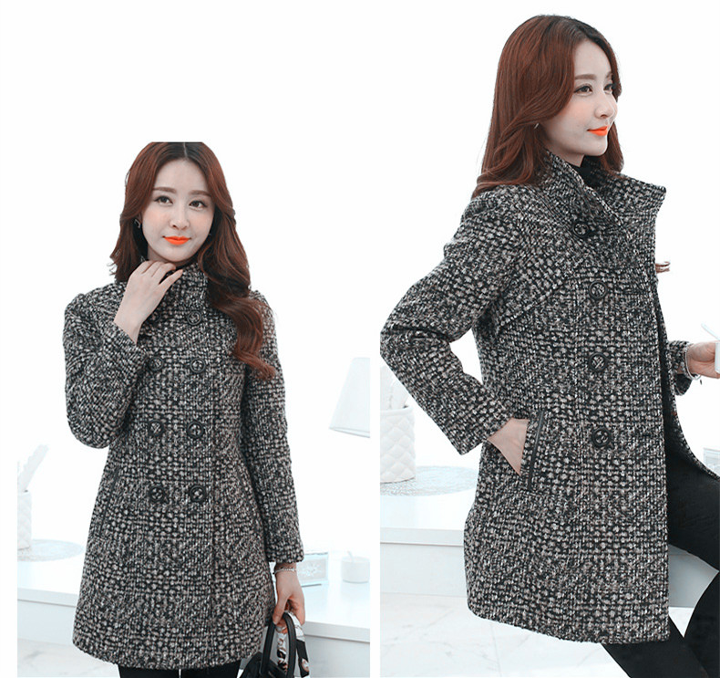 Nuevo abrigo de mezcla de lana para mujer, moda Otoño 2022, elegante abrigo de lana de Tweed largo ajustado a cuadros con cuello alto para madre_voghion.com