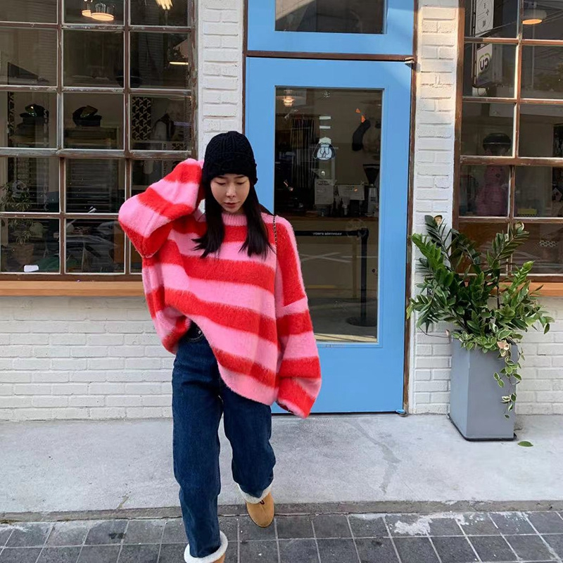 Puhvvarrukatega kootud kampsun naiste Korea triibuline vintage pullover Naiste topid Naiste rõivad Ümarkaelusega sügistalv_voghion.com