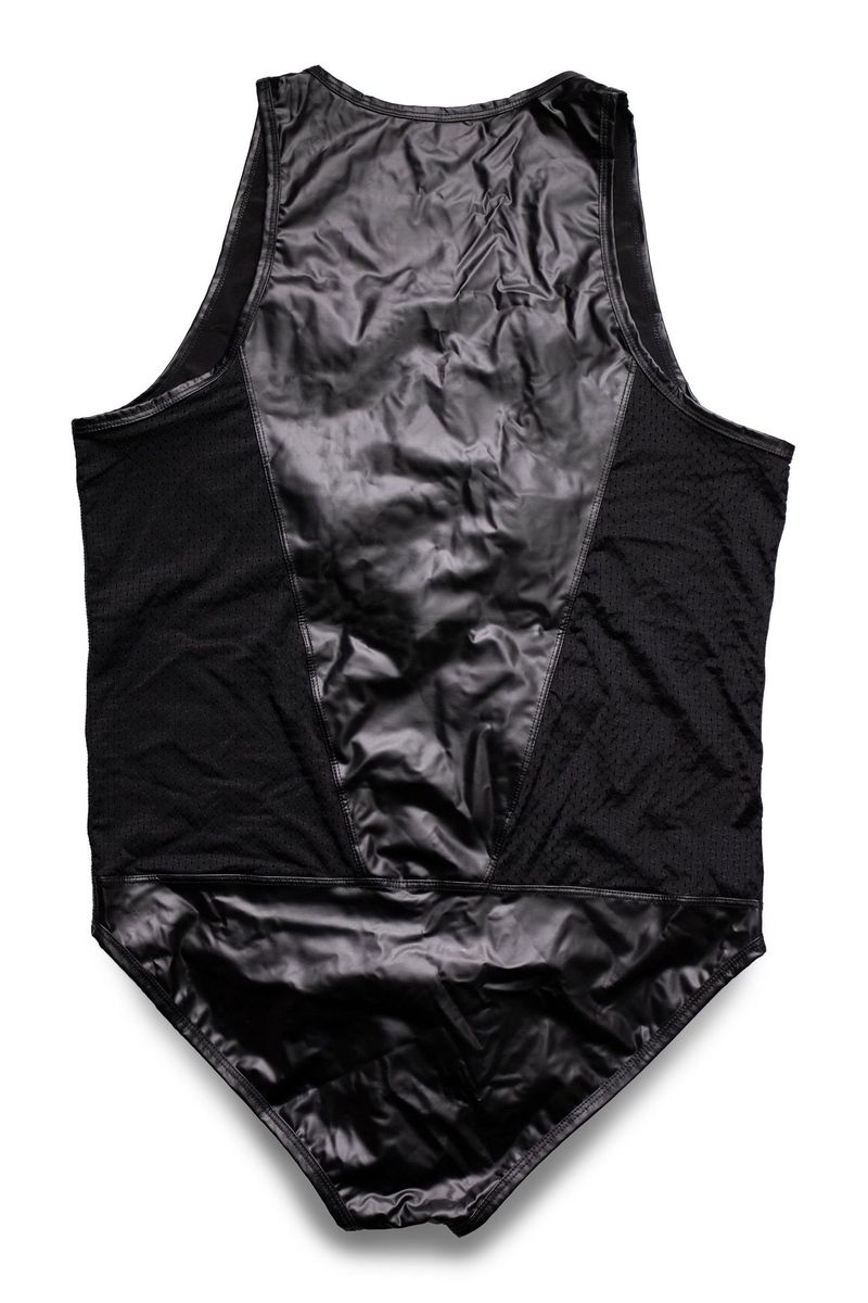 Lederweste, Body mit Leder-Patchwork und seitlichem Mesh-Einsatz, taillierte Shapewear mit Kreuzformung_voghion.com