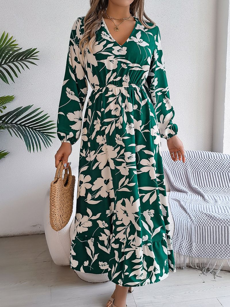 Abito casual a maniche lunghe con volant e fiori in vita, autunno e inverno 2025, abbigliamento da donna_voghion.com
