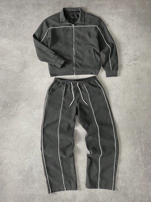 Completo da uomo con giacca sportiva oversize con zip e jogger – Due pezzi streetwear con strisce a contrasto (nero/grigio/blu navy, S-XXL)_voghion.com