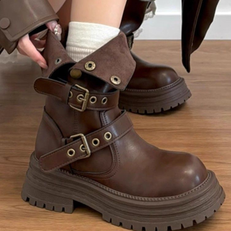 Britischer Stil Martin für Damen 2025 Neue Frühlings- und Herbstschuhe für einzelne Damen Mitte der Wade Dicke Sohle Schwarze kurze Stiefel_voghion.com