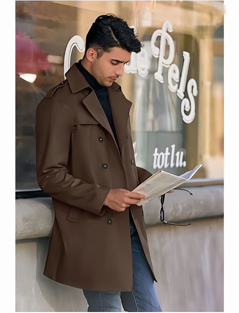 Chaqueta tipo cárdigan cortavientos informal de doble botonadura y largo medio para hombre, otoño y primavera 2024_voghion.com
