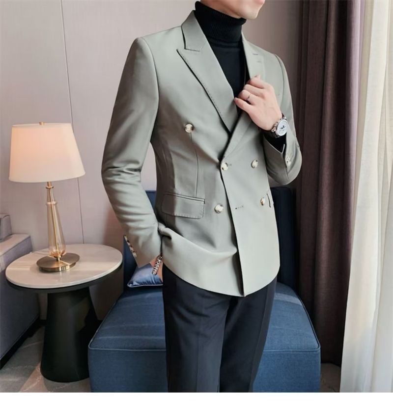 Dubbelrijs Casual Pak Jas Voor Heren Blazers Lente Herfst High-end Brits Zakelijk Trendy Afslankend Glad Silhouet_voghion.com
