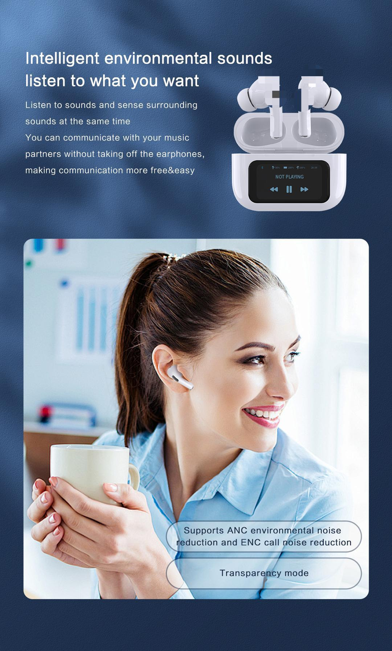 2024 Tecnologia nera LCD Smart Touch Screen a colori Cancellazione attiva del rumore Cuffie wireless Bluetooth ANC+ENC_voghion.com