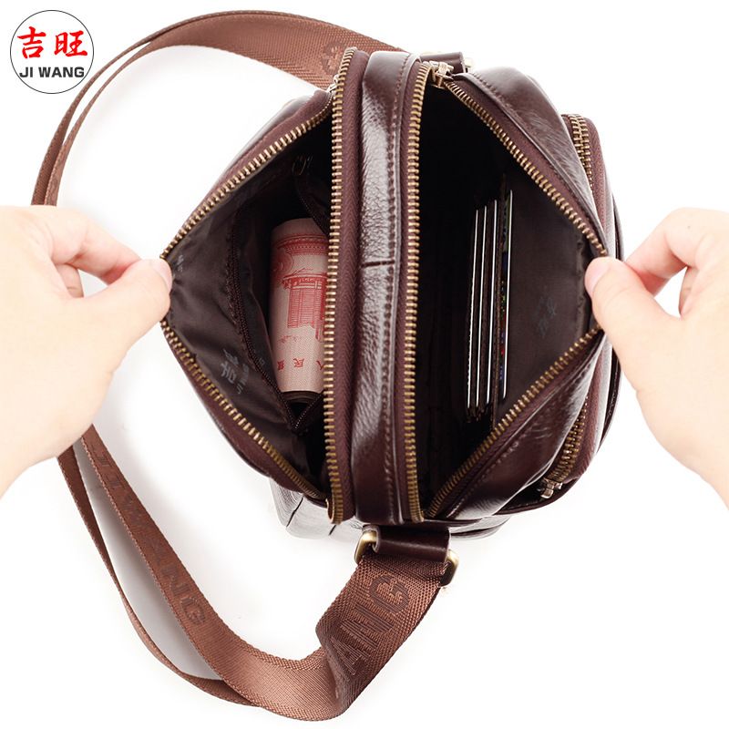 Men's Genuine Single Shoulder Crossbody Bag Casual Backpack Large Capacity Zipper Top Layer Cowhide Soft Leather_voghion.com