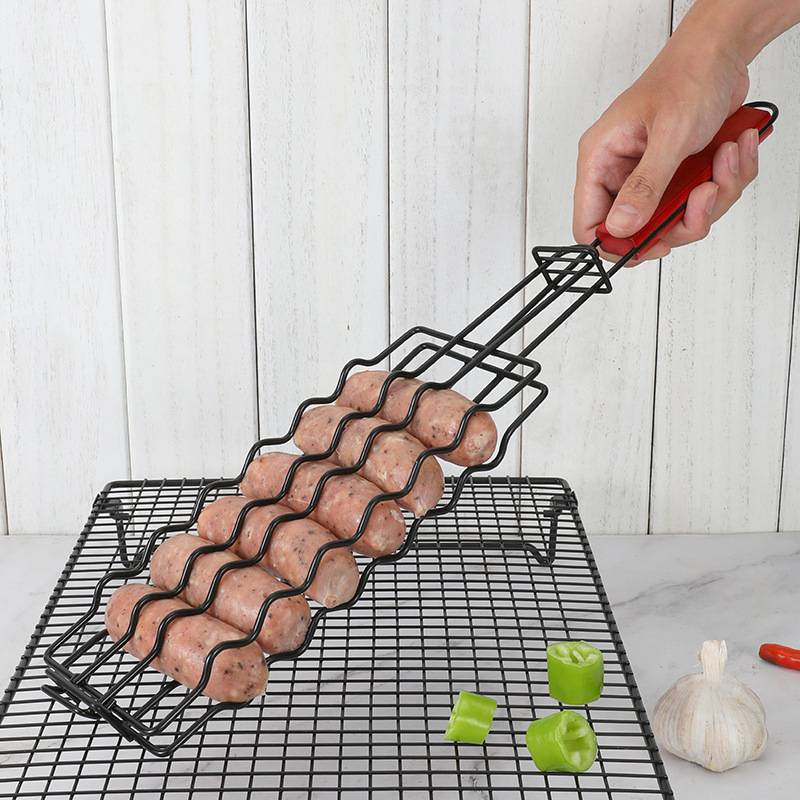 Pinzas para barbacoa de salchichas de acero al carbono para acampar al aire libre - Cesta antiadherente para parrilla de salchichas para cocinar y asar a la parrilla fácilmente_voghion.com
