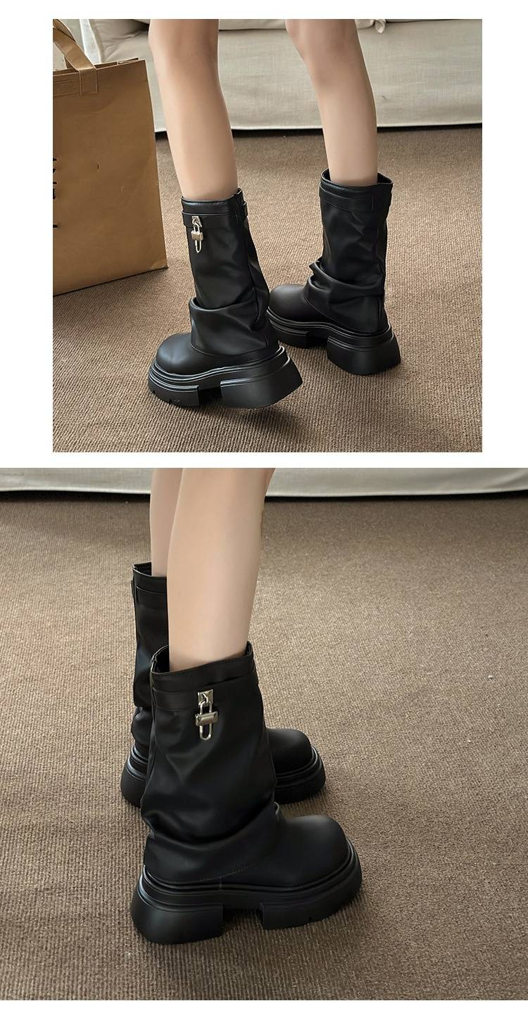 Lederstiefel Netzwerk rote kurze Stiefel Damen 2024 neue Stiefel Casual Style Retro 100 dicke Sohlenhose Stiefel Mid-Calf Stiefel_voghion.com