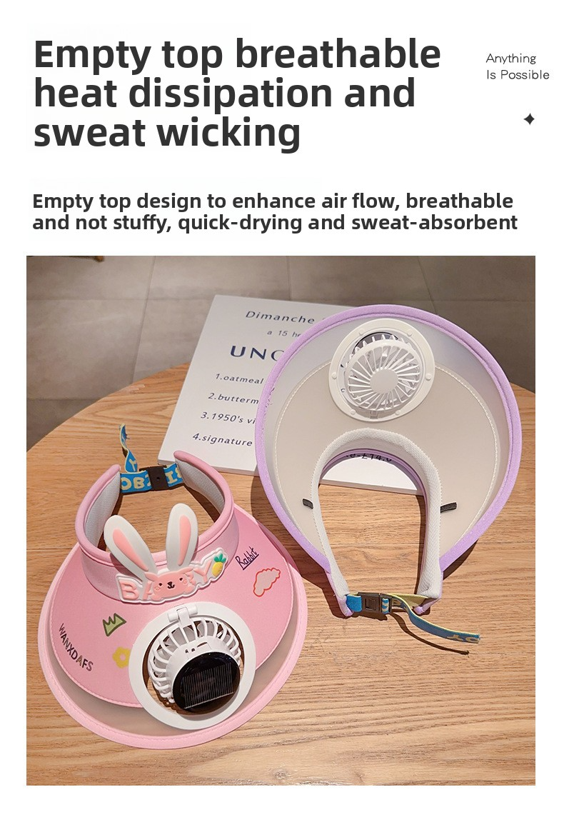 Kids Solar-Powered Bunny Ear Cooling Hat - Cartoon Sun Cap With Built-in Fan (UV Protection Adjustable For Outdoor Play Lightweight & Breathable)_voghion.com