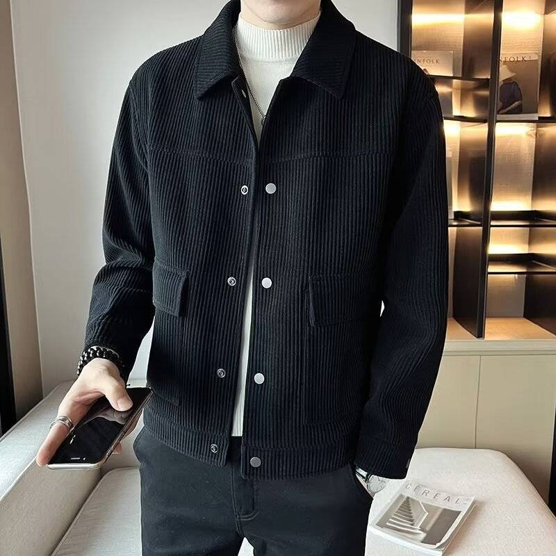 Men's Corduroy Workwear Jacket - Stylish Loose-Fit Casual Coat With Multiple Pockets, Turn-Down Collar, Autumn Fashion Outerwear_voghion.com