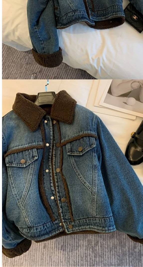 Women's Winter Lambswool-Lined Denim Jacket – Korean Oversized Style, Thickened Cotton Padding (S-2XL, Weight-Based Sizing)_voghion.com