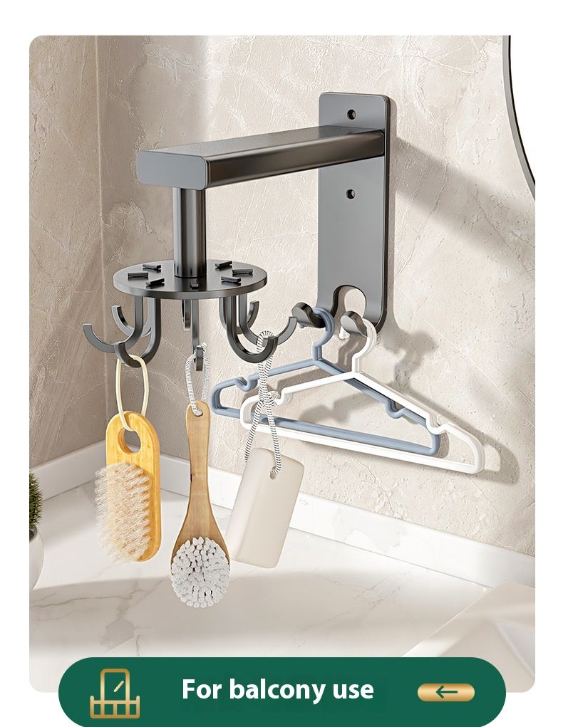 Wall Mounted Rotating Kitchen Utensil Holder, Aluminum Space-Saving Cookware Organizer With Hooks, No Drill Hanging Rack_voghion.com