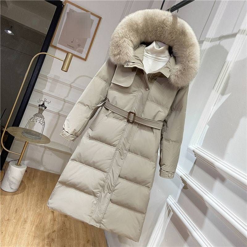 Lange Daunenjacke für Damen mit echtem Fuchspelzbesatz – Füllung aus 96 % weißen Entenfedern, schmaler, taillenbetonter Wintermantel, wasserabweisende Acryl-Außenschicht_voghion.com