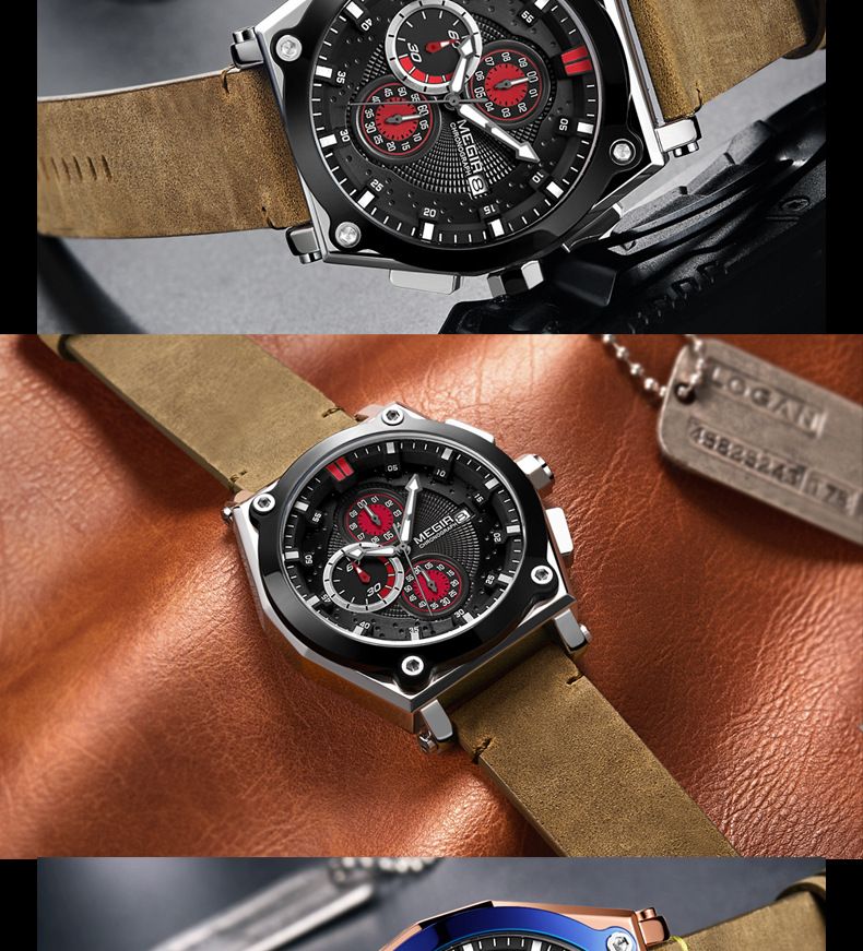 Orologio sportivo da uomo MEGIR in vera pelle con cronografo, resistente all'acqua, luminoso, multifunzione, design elegante_voghion.com
