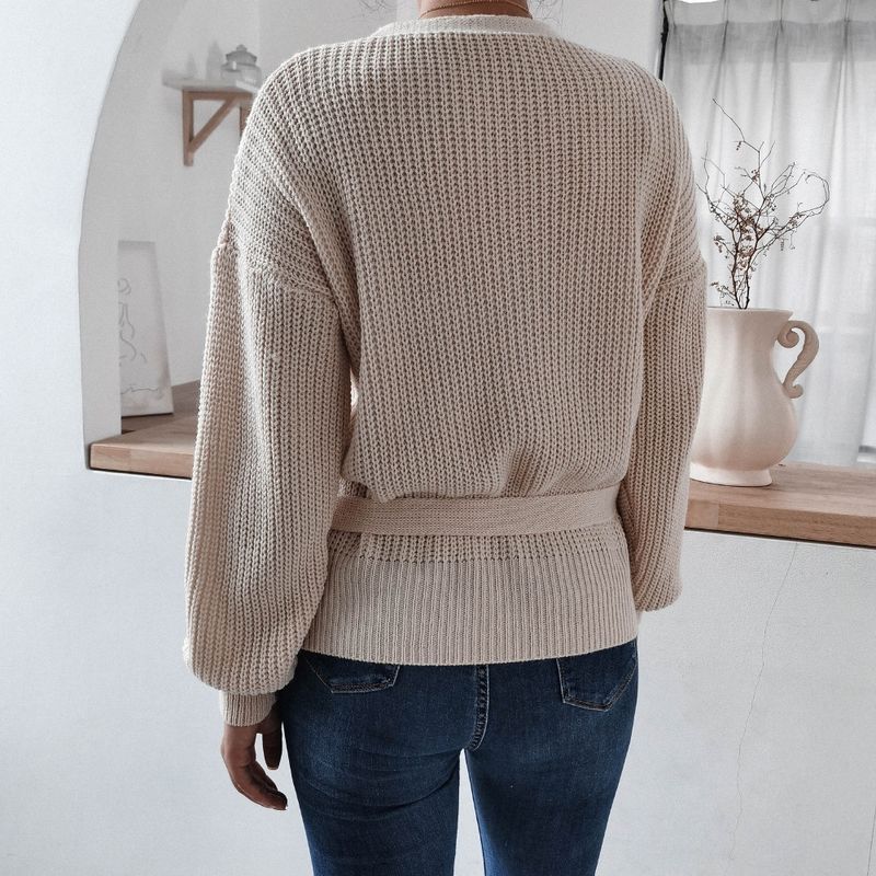 Maglione lavorato a maglia con nodo e scollo a V casual autunno inverno Abbigliamento da donna_voghion.com