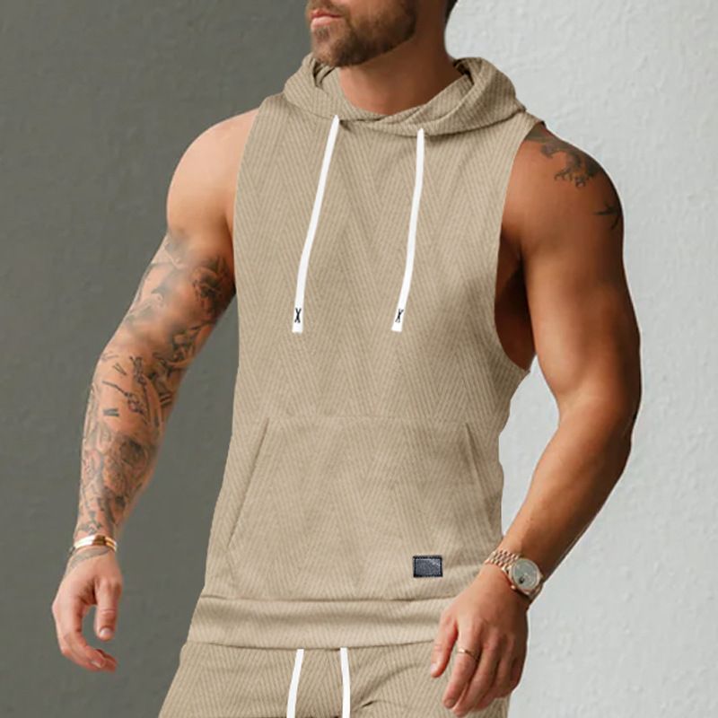 Felpa con cappuccio in maglia jacquard casual da uomo, senza maniche, con tasca applicata e coulisse_voghion.com