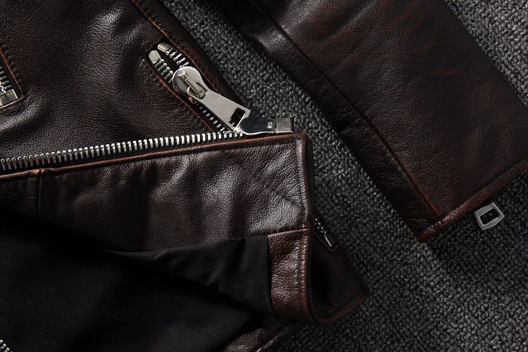 Jaqueta vintage de couro legítimo masculina - Jaqueta de motociclista marrom desgastada com gola alta e fecho de zíper_voghion.com