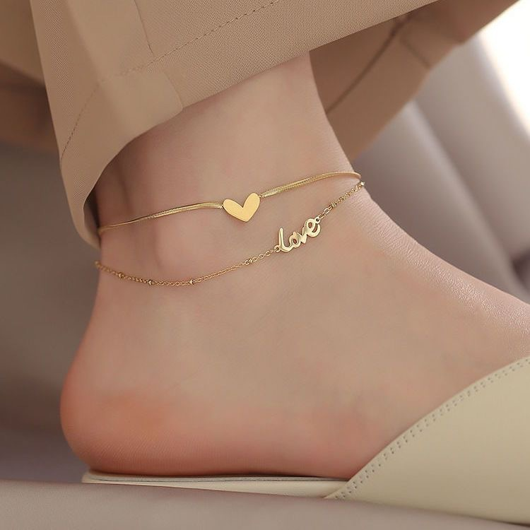 Bohemian Ethnic Retro Beach Trend Double-sided Titanium Steel Double-layer Love Anklet Women's Fashion Versatile Simple Foot Decoration Body Chain_voghion.com