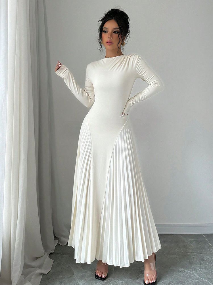Nuovo abito plissettato a maniche lunghe lavorato a maglia, gonna lunga, elegante, sottile, versatile, alla moda_voghion.com
