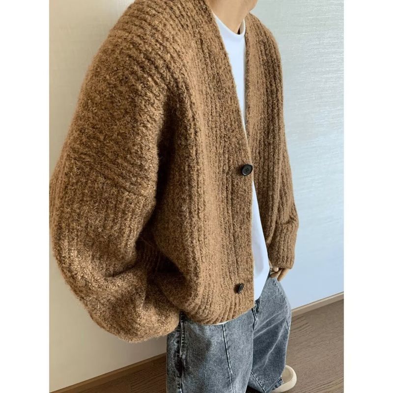 Men's Oversized Knit Cardigan – Japanese Minimalist Open Front Sweater (Brown/Blue, M-3XL)_voghion.com