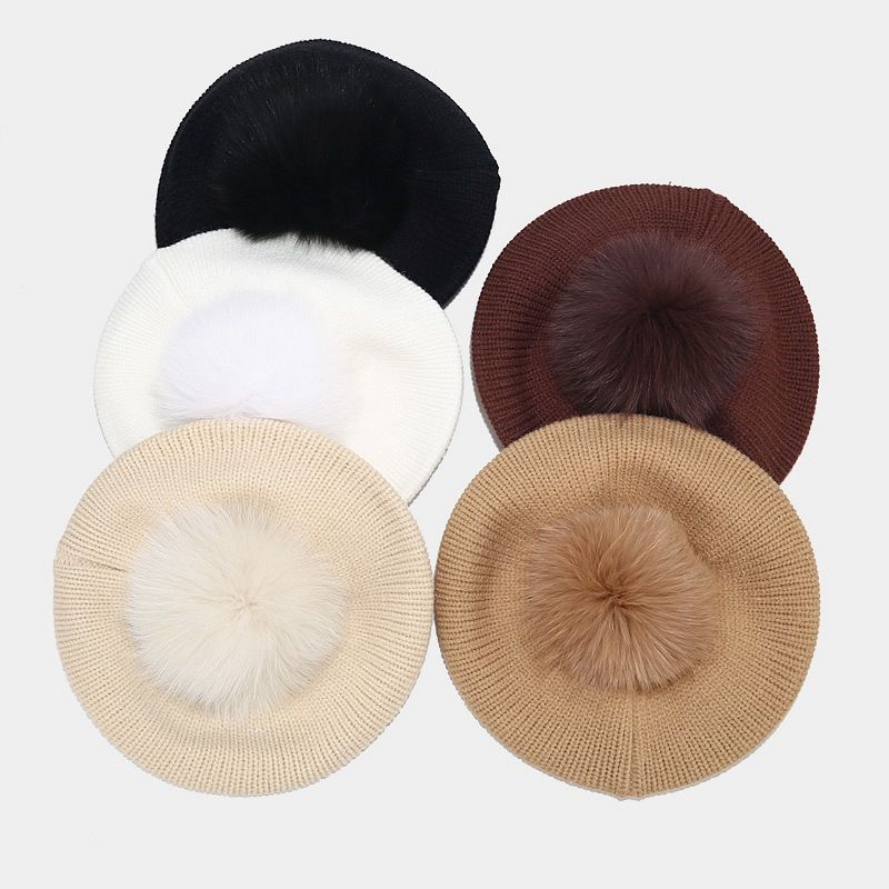 Hot Sale Women'S Elegant Removable Fox Fur Ball Berets Autumn Winter Warm Knitted Beanie Hats For Girls Solid Colour Elastic_voghion.com