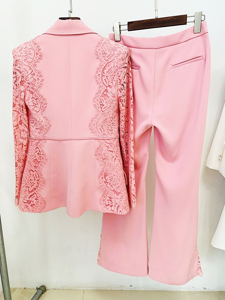 Set di pantaloni svasati da donna con giunture in pizzo slim a un bottone, set da due pezzi_voghion.com